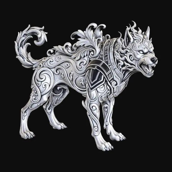 3D model for detailed hellhound ink drawing art nouveau, art deco or baroque style