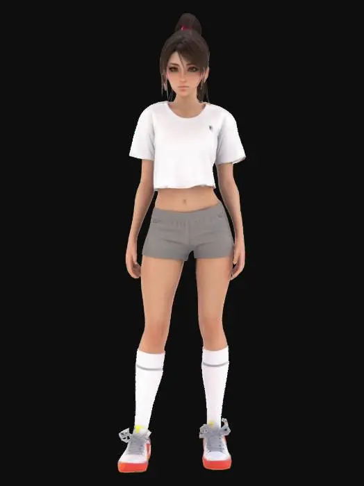 3D model for Young woman, pretty, skimpy t-shirt, skimpy shorts, trainers, socks, ultra detailed body, high detailed face, high definition, defined eyes, hard edges, angular, sharp, defined, ponytail hair
