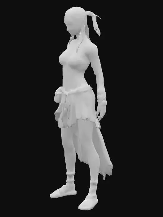 3D model for Stylized, bohemian style woman warrior, Highly Detailed, Full Body, it has long braided, blonde hair, with magic red, glowing ribbons intertwined in the hair, wearing tight midriff top, flowing layered mini-skirt, roman style sandals that tie around the calf muscles
