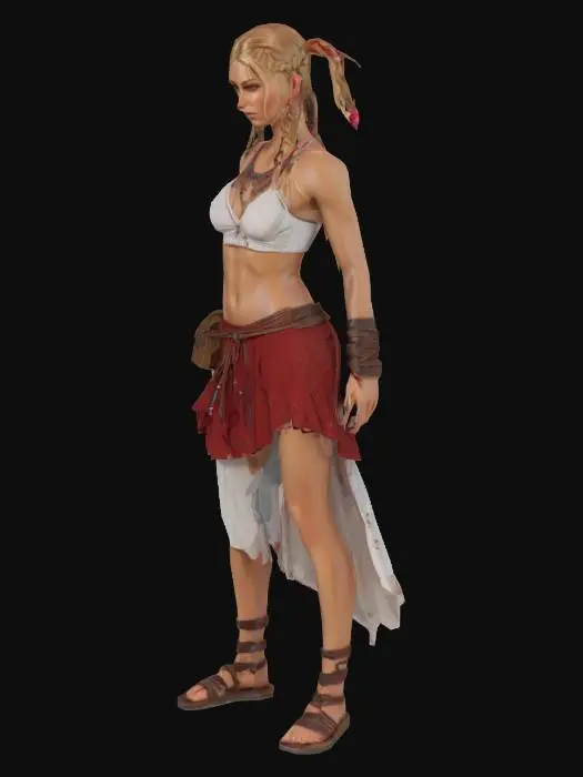 3D model for Stylized, bohemian style woman warrior, Highly Detailed, Full Body, it has long braided, blonde hair, with magic red, glowing ribbons intertwined in the hair, wearing tight midriff top, flowing layered mini-skirt, roman style sandals that tie around the calf muscles