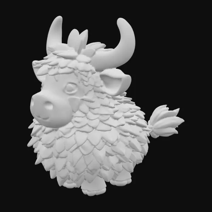 3D model for A photorealistic 3D model of a topiary sculpture in the shape of a [Ox] in a cute, cartoonish-style, character's simplified, rounded form, crafted in the authentic Tha Ruea, Thailand style. The entire form is meticulously sculpted from the dense, small, dark-green oval leaves of a Siamese rough bush (Khoi tree), creating a living, leafy texture. Subtle hints of the underlying gnarled, brown branches are visible, providing structure. Crucially, the entire model is purely botanical; all animal features are rendered exclusively using the plant's leaves and branches, with no foreign elements. 3D asset, isolated, detailed PBR materials, clean topology.