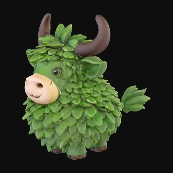 3D model for A photorealistic 3D model of a topiary sculpture in the shape of a [Ox] in a cute, cartoonish-style, character's simplified, rounded form, crafted in the authentic Tha Ruea, Thailand style. The entire form is meticulously sculpted from the dense, small, dark-green oval leaves of a Siamese rough bush (Khoi tree), creating a living, leafy texture. Subtle hints of the underlying gnarled, brown branches are visible, providing structure. Crucially, the entire model is purely botanical; all animal features are rendered exclusively using the plant's leaves and branches, with no foreign elements. 3D asset, isolated, detailed PBR materials, clean topology.