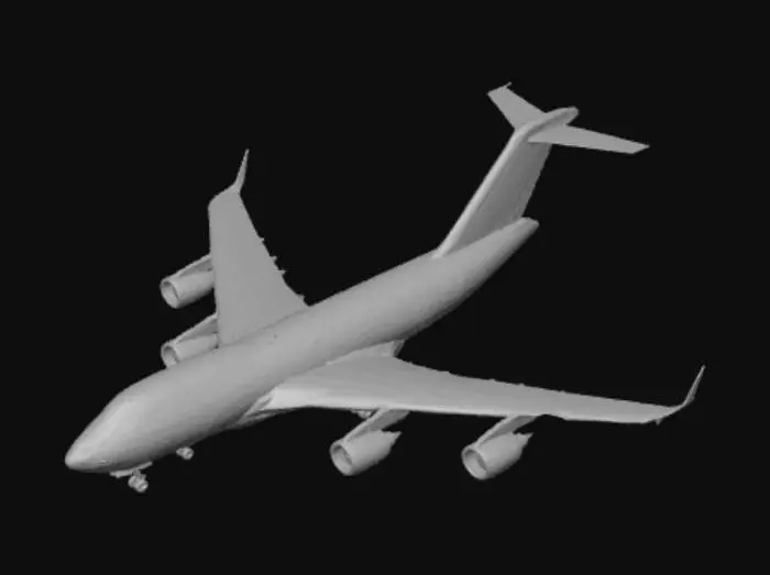 3D model for A airliner with a very long fuselage, 4 engines, big wings, an rounded cockpit and the main landing gears have 2 wheels (the nose landing gear has one wheel per side)