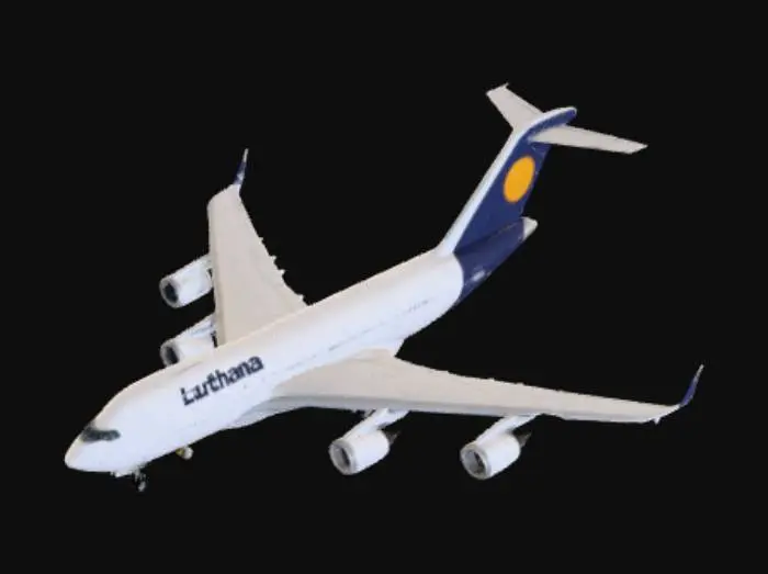 3D model for A airliner with a very long fuselage, 4 engines, big wings, an rounded cockpit and the main landing gears have 2 wheels (the nose landing gear has one wheel per side)
