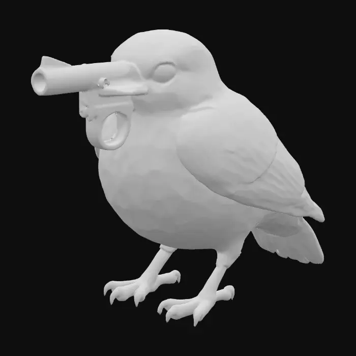 3D model for A stout, plump bird with a rounded body, covered in dark, iridescent plumage. Its soft feathers are speckled with bright, luminous spots of blue, purple, and golden yellow, giving it a shimmering, textured appearance. The bird stands upright on scaly, orange-brown legs with sharp black claws. It holds a dark, metallic revolver-style gun directly in front of its small head, the cold, smooth barrel pointed forward, contrasting with its soft, feathered body.