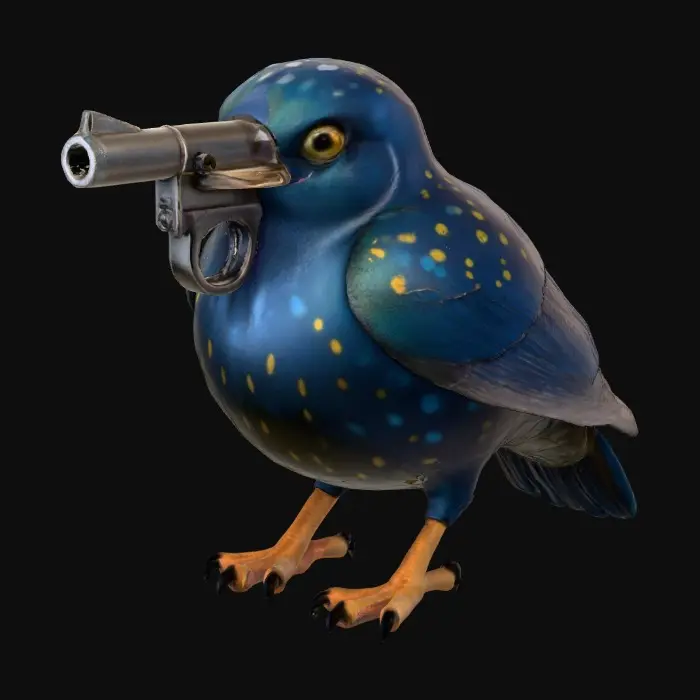 3D model for A stout, plump bird with a rounded body, covered in dark, iridescent plumage. Its soft feathers are speckled with bright, luminous spots of blue, purple, and golden yellow, giving it a shimmering, textured appearance. The bird stands upright on scaly, orange-brown legs with sharp black claws. It holds a dark, metallic revolver-style gun directly in front of its small head, the cold, smooth barrel pointed forward, contrasting with its soft, feathered body.