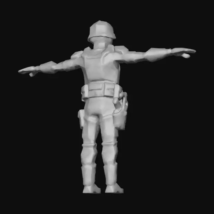 3D model for Low-poly FPS player character designed for Counter-Strike 1.6 (GoldSrc engine).
Realistic military-style humanoid proportions.

Neutral T-Pose reference.
Arms fully extended horizontally, facing forward.
No animation.

Optimized low-poly mesh for in-game use.
3,000–5,000 triangles.
Clean deformation topology, no n-gons, symmetrical model.

Single UV map.
1024x1024 diffuse texture only.
No PBR, no normal, roughness, metallic or specular maps.
Hand-painted classic FPS texture style.

Separated parts: head, torso, arms, legs.
Neutral facial expression.
Slightly oversized hands for FPS view.

No weapons, no accessories.
Compatible with Blender and simple humanoid rigging.