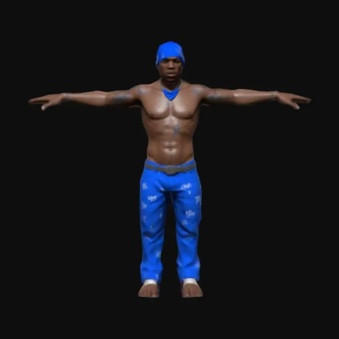3D model for Crie um modelo 3d baseado na famosa gangue dos Crips em Los Angeles, ele precisa ser baseado tambem em rappers gangsta com bandana e sem camisa. O modelo tem que vir em T-pose