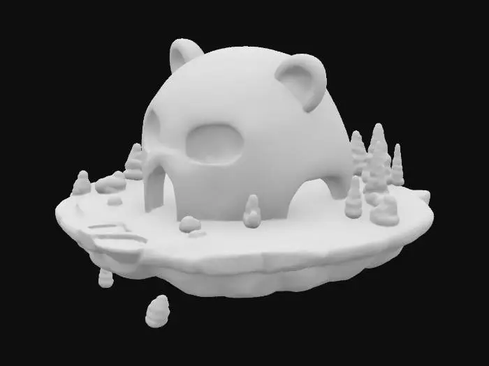 3D model for Create a floating hamster-skull island approx. 144x144x24m. Terrain with smooth, layered topographic ridges shaped like a stylized hamster skull, plush clay textures. Add 4 subtle cave entrances: beneath chin, left cheek base, rear skull base, and a hidden eye socket exit. Include clear paths and tunnels smoothly winding upward, reconnecting to island's top. Low-poly, optimized for game import into Nifty Island. Set origin at bottom-center (0,0,0), orientation Y-forward, Z-up. Cartoonish plush aesthetic, clean geometry.

