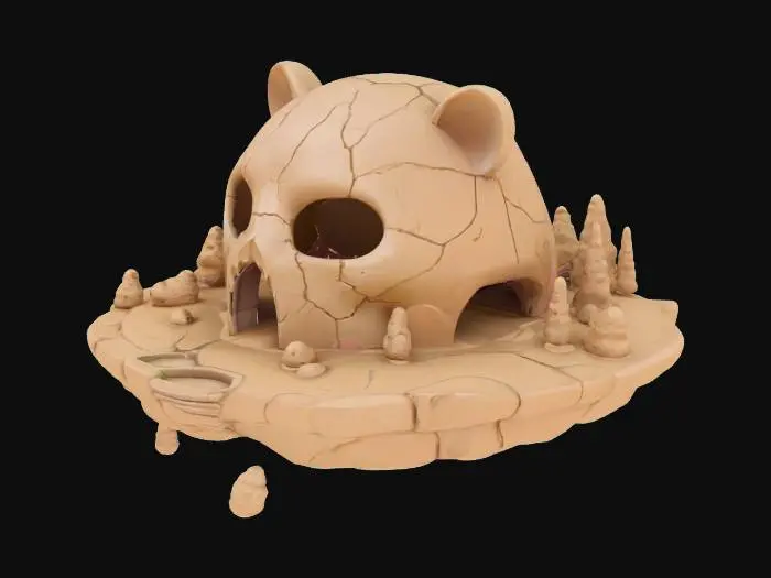 3D model for Create a floating hamster-skull island approx. 144x144x24m. Terrain with smooth, layered topographic ridges shaped like a stylized hamster skull, plush clay textures. Add 4 subtle cave entrances: beneath chin, left cheek base, rear skull base, and a hidden eye socket exit. Include clear paths and tunnels smoothly winding upward, reconnecting to island's top. Low-poly, optimized for game import into Nifty Island. Set origin at bottom-center (0,0,0), orientation Y-forward, Z-up. Cartoonish plush aesthetic, clean geometry.

