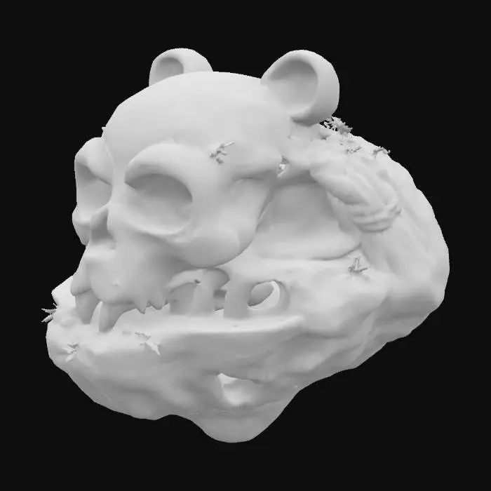 3D model for Create a floating hamster-skull island approx. 144x144x24m. Terrain with smooth, layered topographic ridges shaped like a stylized hamster skull, plush clay textures. Add 4 subtle cave entrances: beneath chin, left cheek base, rear skull base, and a hidden eye socket exit. Include clear paths and tunnels smoothly winding upward, reconnecting to island's top. Low-poly, optimized for game import into Nifty Island. Set origin at bottom-center (0,0,0), orientation Y-forward, Z-up. Cartoonist plush aesthetic, clean geometry. hamster face is laying faced up looking to sky as the islands entire outline is the hamster face skull hits the shoreline



