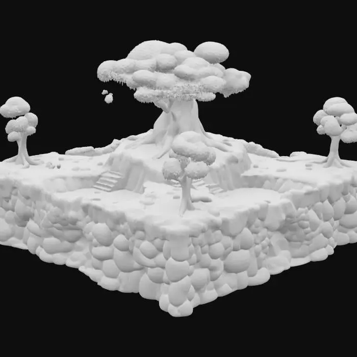 3D model for An elevated, lush cartoonish forest burrow biome block, 80x80 meters at 15m height, features mossy platforms supported by giant twisting root structures. Plush burrow pits serve as tunnels, with dense tree arches forming leaf canopies. Winding dirt trails, obstacle logs, acorn caches, and vine swings are integrated. The block displays green foliage textures, soft lighting, and subtle purple veins in its roots. It includes wooden bridge hooks and tube slide ports for connections, resting on a floating platform with root supports.