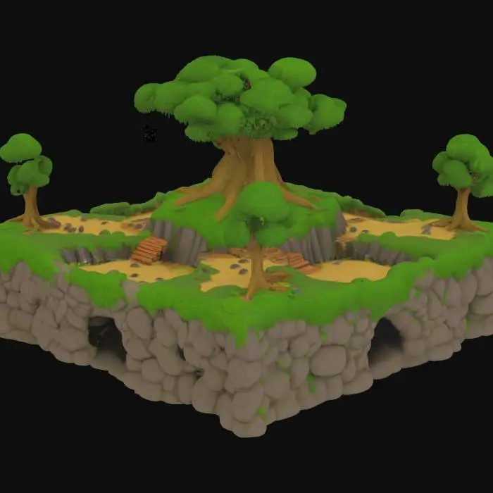 3D model for An elevated, lush cartoonish forest burrow biome block, 80x80 meters at 15m height, features mossy platforms supported by giant twisting root structures. Plush burrow pits serve as tunnels, with dense tree arches forming leaf canopies. Winding dirt trails, obstacle logs, acorn caches, and vine swings are integrated. The block displays green foliage textures, soft lighting, and subtle purple veins in its roots. It includes wooden bridge hooks and tube slide ports for connections, resting on a floating platform with root supports.