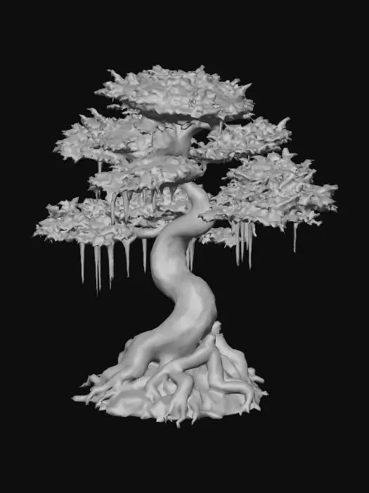 3D model for Create a cursed horror texture for a small 2-meter tree shaped like a bonsai but wild in nature. The trunk and branches twist and bend like weathered roots, coral-like and clawing outward. Sparse, thick, fleshy leaves shoot upward like jagged flames, sharp and violent, their glowing red tips burning like embers or infected wounds. The bark is deep black, cracked and rugged, with glowing orange sap seeping and dripping like molten blood, unnaturally alive. Despite its size, the tree radiates menace, diseased and cursed, as if watching intruders with hunger. Emphasize its hostile, flame-like form, making it otherworldly and dangerous, rendered with PBR-quality detail for a realistic, horrifying game-ready asset.