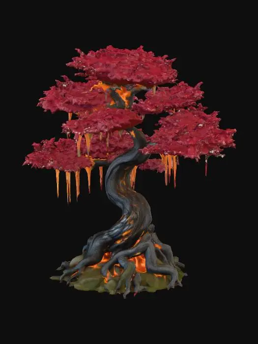 3D model for Create a cursed horror texture for a small 2-meter tree shaped like a bonsai but wild in nature. The trunk and branches twist and bend like weathered roots, coral-like and clawing outward. Sparse, thick, fleshy leaves shoot upward like jagged flames, sharp and violent, their glowing red tips burning like embers or infected wounds. The bark is deep black, cracked and rugged, with glowing orange sap seeping and dripping like molten blood, unnaturally alive. Despite its size, the tree radiates menace, diseased and cursed, as if watching intruders with hunger. Emphasize its hostile, flame-like form, making it otherworldly and dangerous, rendered with PBR-quality detail for a realistic, horrifying game-ready asset.