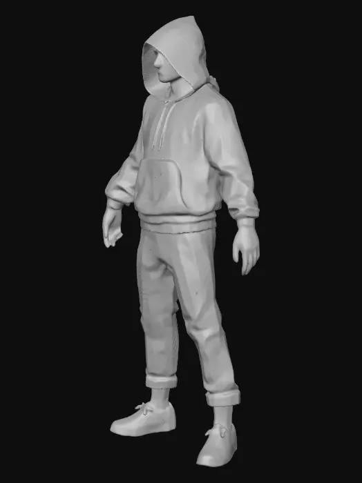 3D model for 黒いフードを被りキッチリした黒いズボンを履いている中身長の足と腕を広げているアジア系の男