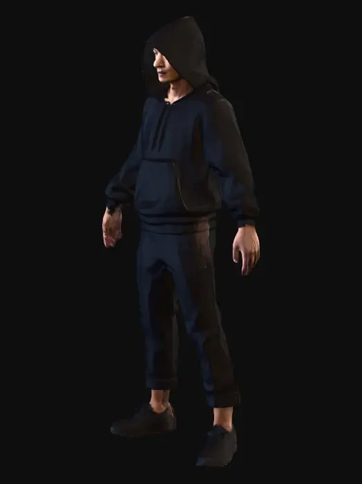 3D model for 黒いフードを被りキッチリした黒いズボンを履いている中身長の足と腕を広げているアジア系の男