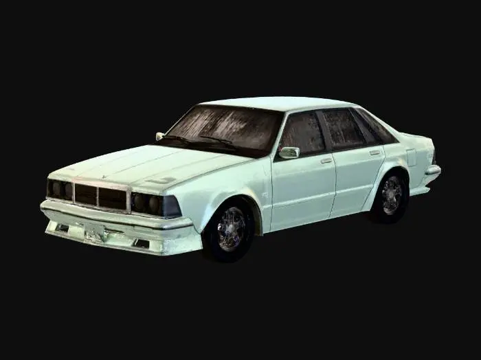 3D model for generate a 4 door sedan in the same graphic style as Grand Theft Auto San Andreas. Design the vehicle to fit in with the rest of the traffic vehicles in that game.