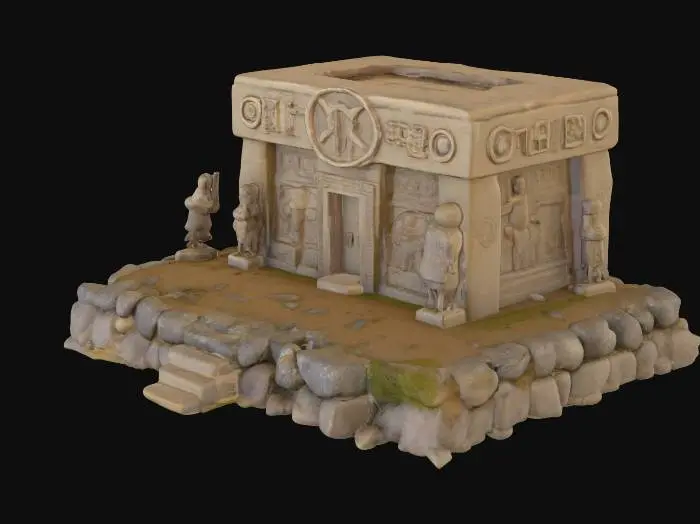 3D model for ancient ruins, druidic, stoneage, ritualistic, mystical, on a small mount, base of sand and rocks, small details
