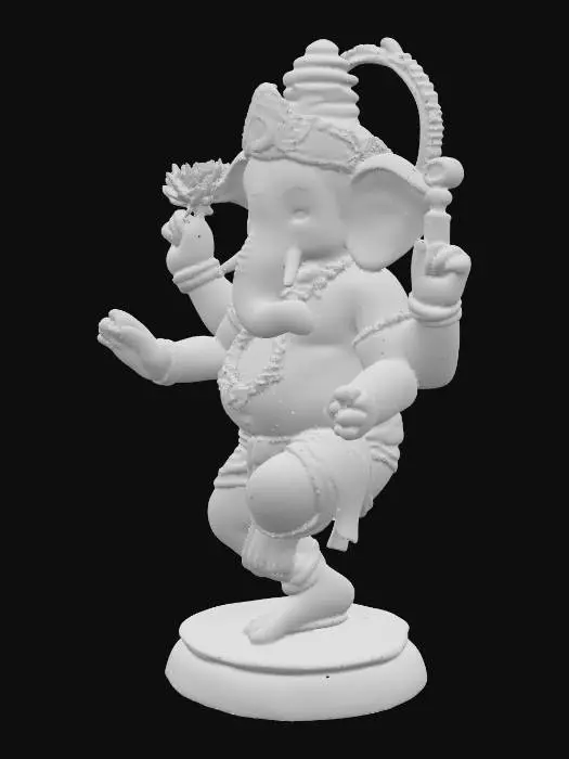 3D model for a statue of ganesha, full body, dancing posture, four arms, one leg raised, holding a lotus flower, a tusk, a wooden club and a golden coin. around the neck wearing flowers