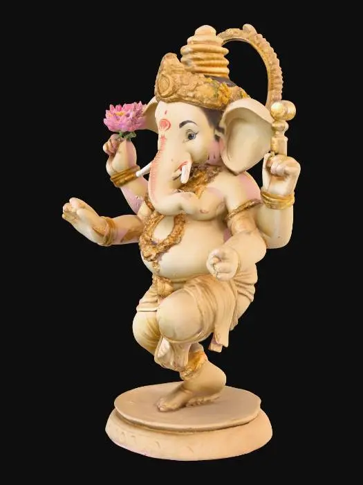 3D model for a statue of ganesha, full body, dancing posture, four arms, one leg raised, holding a lotus flower, a tusk, a wooden club and a golden coin. around the neck wearing flowers