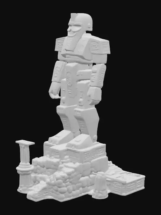 3D model for giant stone statue of a robot among ancient ruins, druidic, stone age, ritualistic, mystical, on a small mount, base of sand and rocks, small details

