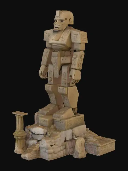 3D model for giant stone statue of a robot among ancient ruins, druidic, stone age, ritualistic, mystical, on a small mount, base of sand and rocks, small details

