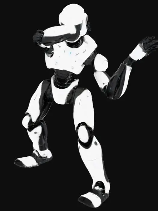 3D model for Robô humanoide padrão, projetado para modularidade total. Capacete fixo com visor opaco, sensores ópticos embutidos, sem expressão facial. Antena curta lateral para recepção de dados.Estrutura hidráulica com articulações reforçadas. Mãos com três dedos mecânicos e garras retráteis.