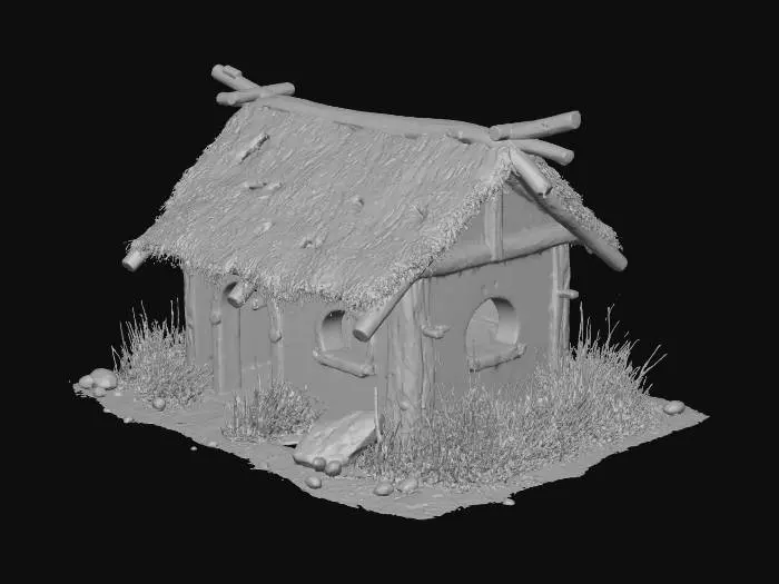 3D model for a small rundown hut made of mud and wooden planks, 
thatched straw roof with holes and broken patches, 
slightly crooked walls, rural fantasy style, 
details of dry grass, sticks and debris around the base, 
low poly video game asset, optimized for garry's mod, 
centered object, no background