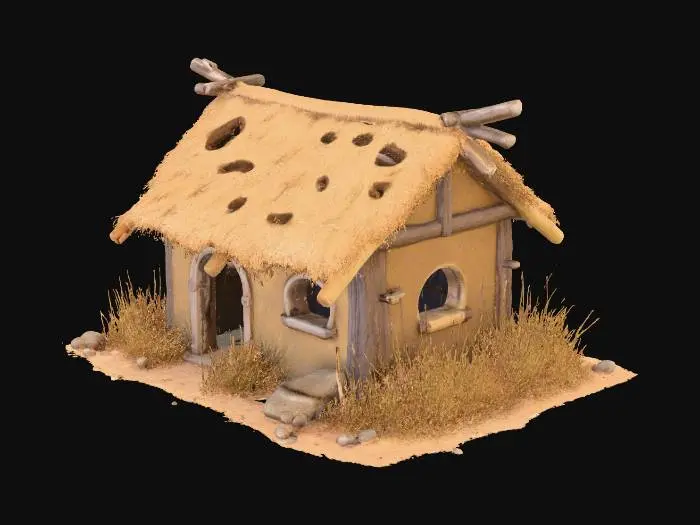 3D model for a small rundown hut made of mud and wooden planks, 
thatched straw roof with holes and broken patches, 
slightly crooked walls, rural fantasy style, 
details of dry grass, sticks and debris around the base, 
low poly video game asset, optimized for garry's mod, 
centered object, no background