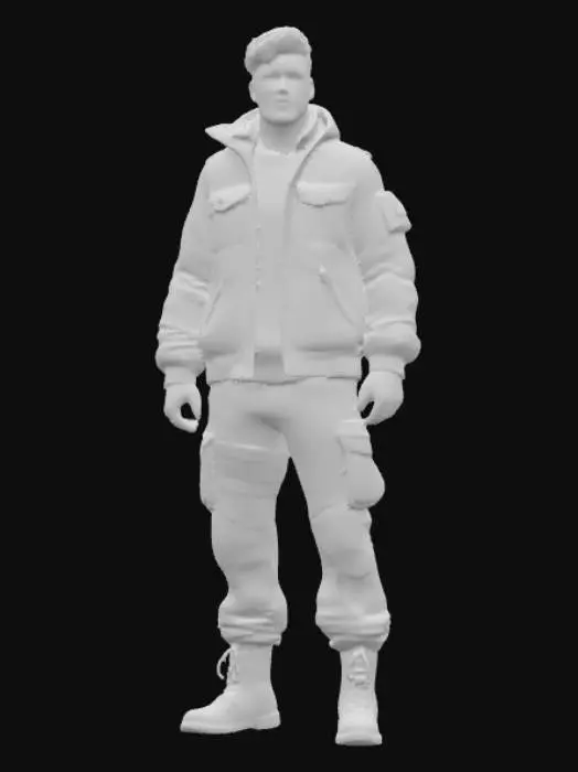 3D model for 
A tall, athletic young man in his early 20s, standing at 183 cm with a lean but muscular build. He has sharp facial features, almond-shaped hazel eyes, and short, slightly wavy black hair styled neatly. His skin tone is warm olive, and he has a confident yet approachable expression. He wears a modern tactical jacket with subtle metallic accents, dark cargo pants, and sturdy combat boots. A slim utility belt rests around his waist, holding small pouches. His gloves are fingerless, revealing calloused hands. A faint scar crosses his right eyebrow, adding a touch of mystery. His stance is balanced and ready, suggesting agility and determination, perfect for an action-adventure setting