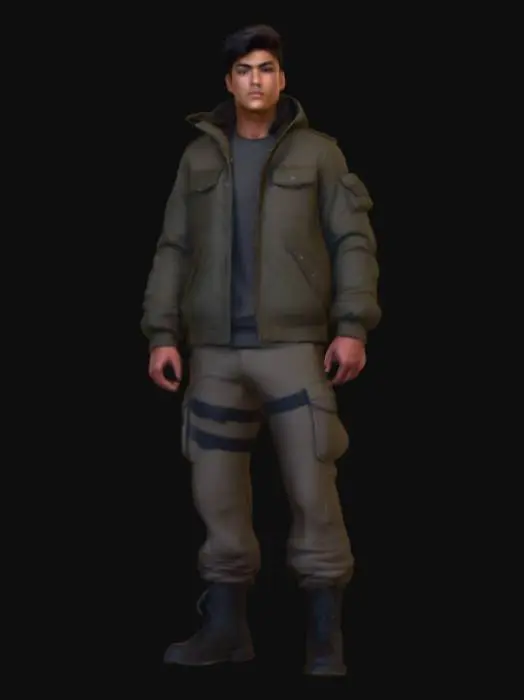 3D model for 
A tall, athletic young man in his early 20s, standing at 183 cm with a lean but muscular build. He has sharp facial features, almond-shaped hazel eyes, and short, slightly wavy black hair styled neatly. His skin tone is warm olive, and he has a confident yet approachable expression. He wears a modern tactical jacket with subtle metallic accents, dark cargo pants, and sturdy combat boots. A slim utility belt rests around his waist, holding small pouches. His gloves are fingerless, revealing calloused hands. A faint scar crosses his right eyebrow, adding a touch of mystery. His stance is balanced and ready, suggesting agility and determination, perfect for an action-adventure setting