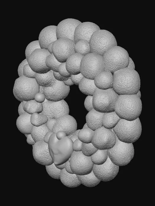 3D model for Using this image as the primary reference, create a 3D Christmas ornament wreath. Reproduce the shape, arrangement, and colors from the image. Make each ornament fully 3D, glossy, metallic, and glittery. Preserve the circular layout and depth. Use strong reference guidance and avoid flattening the structure. Produce a clean UV-unwrapped, low-poly but detailed mesh suitable for upload to Second Life. Ensure the wreath is thick, round, and layered just like the reference.