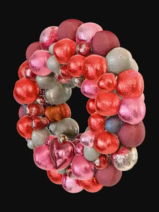 3D model for Using this image as the primary reference, create a 3D Christmas ornament wreath. Reproduce the shape, arrangement, and colors from the image. Make each ornament fully 3D, glossy, metallic, and glittery. Preserve the circular layout and depth. Use strong reference guidance and avoid flattening the structure. Produce a clean UV-unwrapped, low-poly but detailed mesh suitable for upload to Second Life. Ensure the wreath is thick, round, and layered just like the reference.