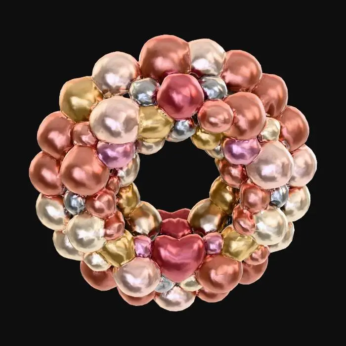 3D model for Create a smooth low-poly 3D Christmas ornament wreath based on my reference image. Use simple round ornaments only, no glitter, dents, bumps, or noisy surface detail. Colors should be like rose gold, blush pink, champagne, pearl, soft gold, and silver. Keep the wreath thick, round, and layered with separate but touching ornaments. Make clean UVs with a single texture set so the model can be simplified to under 25k triangles and be optimized for upload to Second Life.