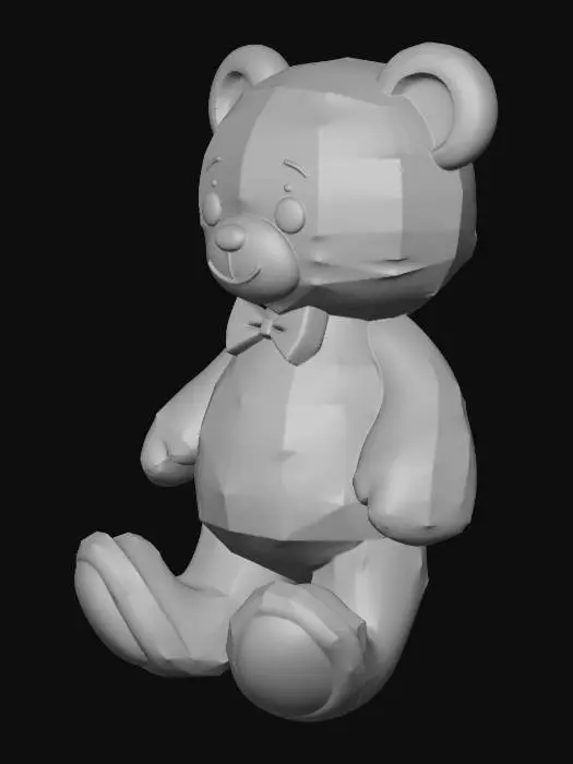 3D model for A high-quality, stylized 3D teddy bear character, main protagonist, soft brown plush fur texture, large expressive black button eyes, a small stitched nose, wearing a tiny red bowtie. Proportions: slightly oversized head, chubby belly, short limbs. Professional 3D game asset, 4k textures, adorable aesthetic, clean geometry.