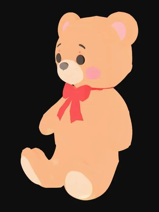 3D model for A high-quality, stylized 3D teddy bear character, main protagonist, soft brown plush fur texture, large expressive black button eyes, a small stitched nose, wearing a tiny red bowtie. Proportions: slightly oversized head, chubby belly, short limbs. Professional 3D game asset, 4k textures, adorable aesthetic, clean geometry.