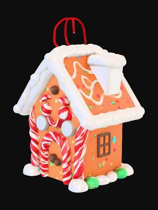 3D model for pixar-style gingerbread house ornamment, cute candy details, frosting, playful, adorable #Christmas2025#,