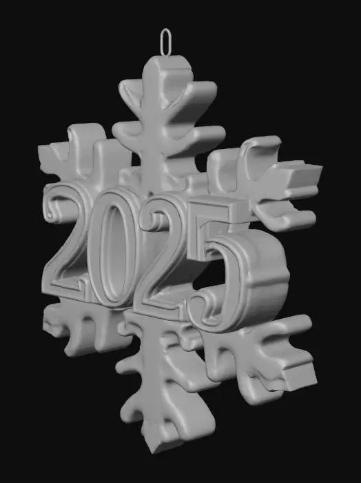 3D model for A unique, elegant snowflake Christmas ornament designed for easy 3D printing (no supports needed). The core of the design prominently features the letters '2025' in an elegant, stylized font. The snowflake itself has an icy, crystalline appearance, with intricate but structurally robust branches that radiate from the central text. The final print should look best in transparent or light blue PLA filament, capturing an elegant, frosty texture. Include a functional small loop at the top for hanging #Christmas2025#