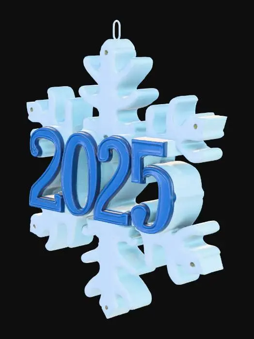 3D model for A unique, elegant snowflake Christmas ornament designed for easy 3D printing (no supports needed). The core of the design prominently features the letters '2025' in an elegant, stylized font. The snowflake itself has an icy, crystalline appearance, with intricate but structurally robust branches that radiate from the central text. The final print should look best in transparent or light blue PLA filament, capturing an elegant, frosty texture. Include a functional small loop at the top for hanging #Christmas2025#