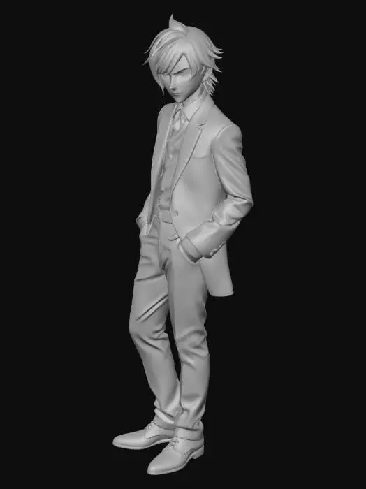 3D model for goth boy, bleck hair with red streaks, black tuxedo, black shirt, black shoes, grey eyes