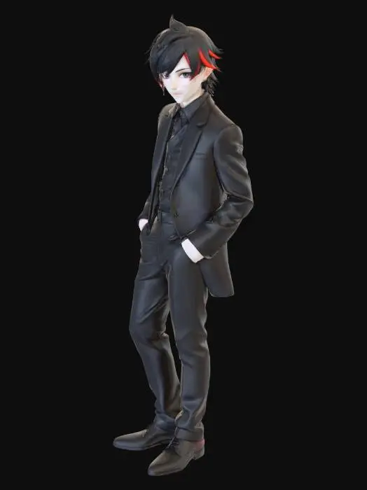 3D model for goth boy, bleck hair with red streaks, black tuxedo, black shirt, black shoes, grey eyes