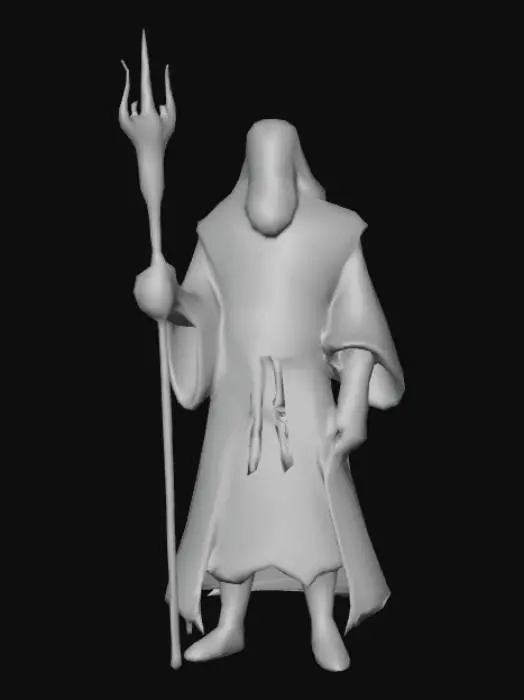 3D model for 3D cartoonish male character in a fantasy, stylized low-poly art style, a town guard with long velvet and white robes, a steel spear in one hand, long hair and a middle-eastern look