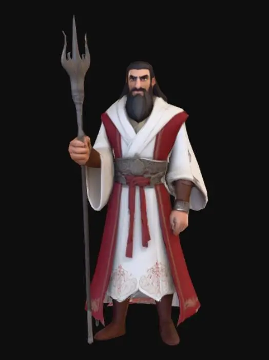 3D model for 3D cartoonish male character in a fantasy, stylized low-poly art style, a town guard with long velvet and white robes, a steel spear in one hand, long hair and a middle-eastern look