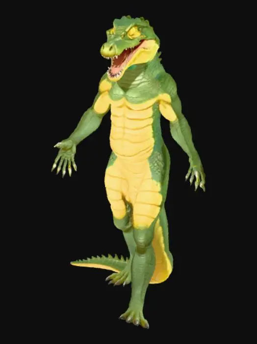 3D model for A ferocious crocodile creature almost with body of a human, scaly, yellow eyes, long crocodile head with a scimitar in one hand (in the same cartoonish art style for our medieval fantasy game set in a distant desert land)