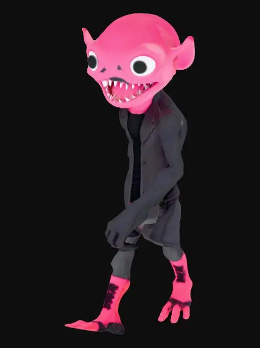 3D model for make a creature that has its pitch black mouth really wide, going to his belly. make his eyes just small black pupils. give him no hair. give him little arms with 3 fingers, and little legs with no toes. make his body dark blue and his eyes pitch black.