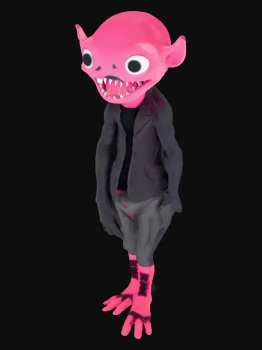 3D model for make a creature that has its pitch black mouth really wide, going to his belly. make his eyes just small black pupils. give him no hair. give him little arms with 3 fingers, and little legs with no toes. make his body dark blue and his eyes pitch black.