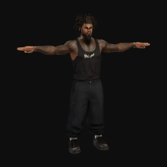 3D model for A highly realistic, modern African American male character, mid-20s, standing in a dynamic pose. He has a muscular build and medium height. His hairstyle is dreadlocks, neatly styled. He has an overgrown, full beard, rugged.skin tone is medium-dark with a natural sheen. He has intricate neck tattoos with bold, detailed designs, and visible hand tattoos on both hands. wearing a black Nike Tech x Supreme jumpsuit, form-fitting, with subtle Supreme branding, T-pose, high-tech fabric with a matte finish. His shoes are black Nike Panda Dunks, low-top, featuring the iconic black-and-white colorway. The character exudes a confident, streetwear-inspired vibe, with a modern urban aesthetic. The model should be hyper-detailed, photorealistic, with accurate textures for skin, hair, and clothing.