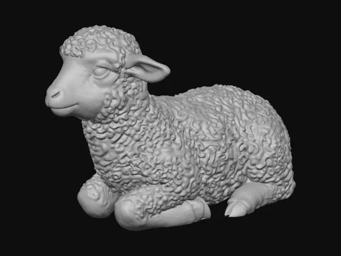 3D model for Милый, пушистый белый ягненок лежит, с мягкой, вьющейся шерстью, полностью покрытой яркими, милыми разноцветными татуировками в виде цветочков. У него маленькая голова с нежным розовым носом, темными глазами и слегка розоватыми внутренними ушами. Его пухлое тело демонстрирует четкие, детализированные, очаровательные цветочные тату-узоры. Шерсть выглядит невероятно мягкой и плотной, а татуировки придают гладкий вид, под мягким, равномерным студийным освещением, подчеркивающим его чистый белый цвет и яркие узоры. Копытца темные.