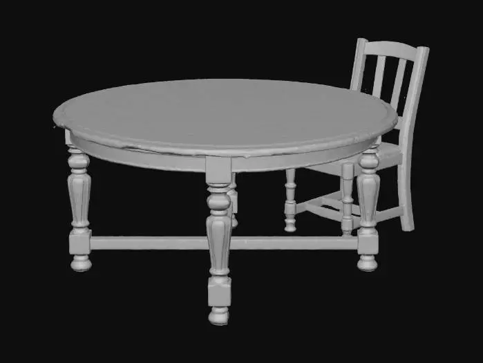 3D model for внутри старого дома: стол, стул один деревянный расположены на расстоянии стола , камин. обстановка старая, уютно